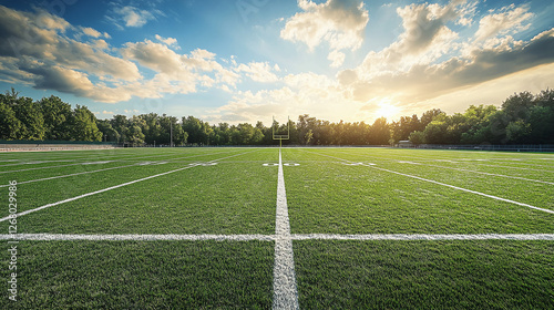Sunlit sports field with a football goalpost. Green grass with white lines extending into the distance. Clouds fill the sky, with the sun partially obscured.