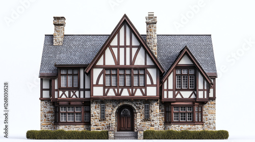 Elegant tudor style house with timber framing and stone accents on white background, ideal for real estate and architectural photography.