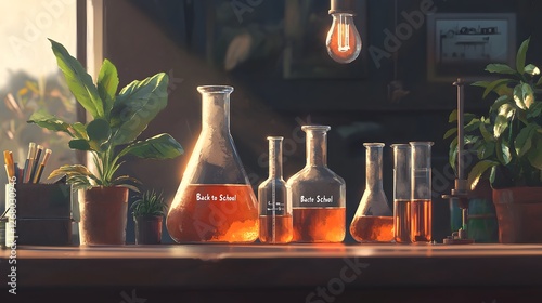 Experimenting with chemistry back to school science lab classroom digital artwork bright environment close-up view educational concepts photo