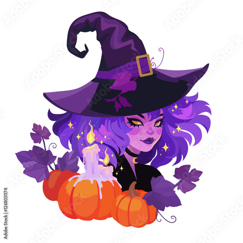 Halloween composition of a witch girl in a pointed hat and pumpkins