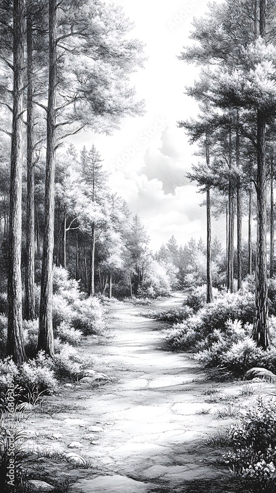 Fototapeta premium Forest landscape pencil drawing high resolution hd image