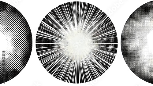 Artistic Composition of Three Circles with Dot Pattern, Radiating Lines, and Soft Gradient Depicting Structure, Energy, and Calmness