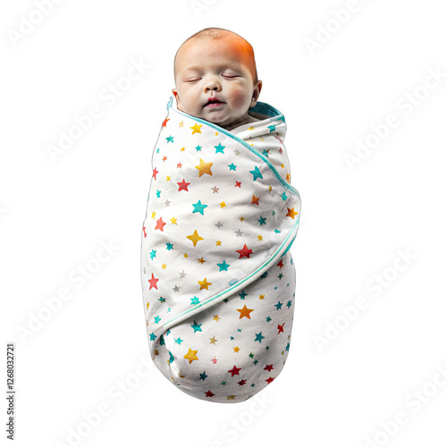 A softly colored swaddle blanket gently encases a serene baby who is sleeping comfortably photo