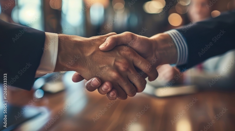 A handshake agreement between a businessman and businesswoman at a group board meeting, signifying a successful partnership A handshake agreement between a businessman and businesswoman at a group board meeting, signifying a successful partnership