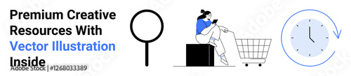 Woman sitting on a box near a shopping cart while browsing her phone, magnifying glass symbolizing search, clock hinting time importance. Ideal for e-commerce, research, time management, online