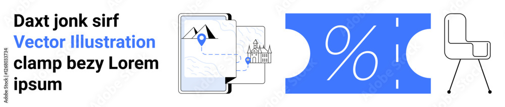 Map on phone screen with travel pin and landmark, blue discount voucher with percentage symbol, minimalist chair. Ideal for travel planning, deals, apps, e-commerce, promotion, furniture abstract Map on phone screen with travel pin and landmark, blue discount voucher with percentage symbol, minimalist chair. Ideal for travel planning, deals, apps, e-commerce, promotion, furniture abstract