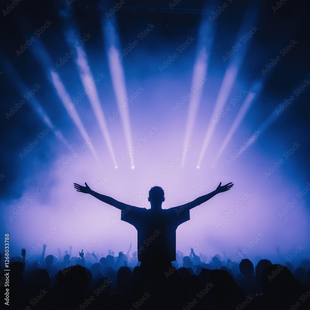Silhouette of a Person with Raised Arms in Concert Lighting Silhouette of a Person with Raised Arms in Concert Lighting