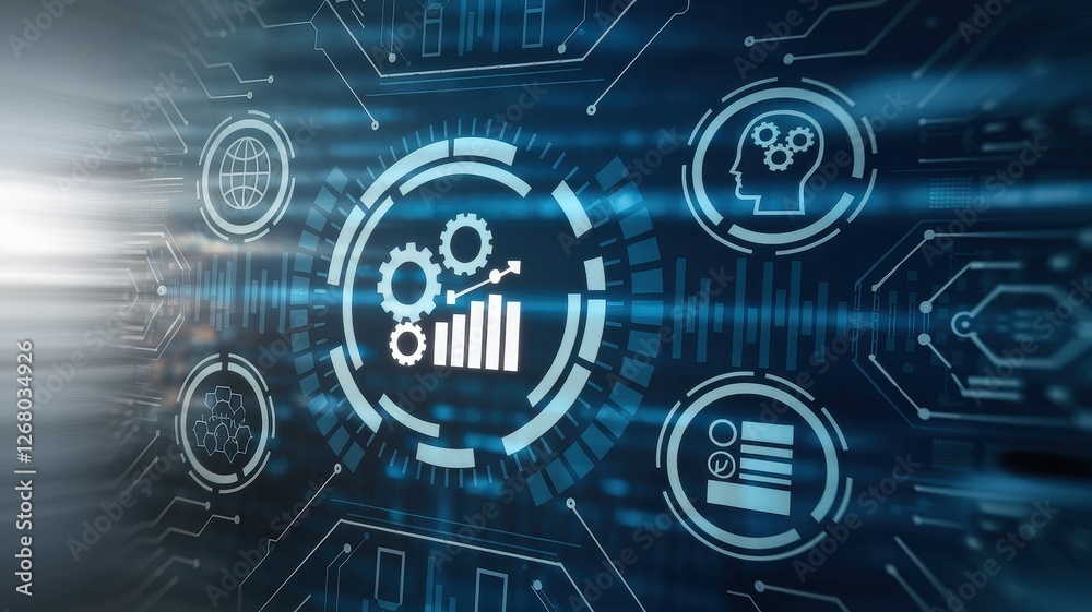 Digital technology interface displays data and innovative solutions abstractly