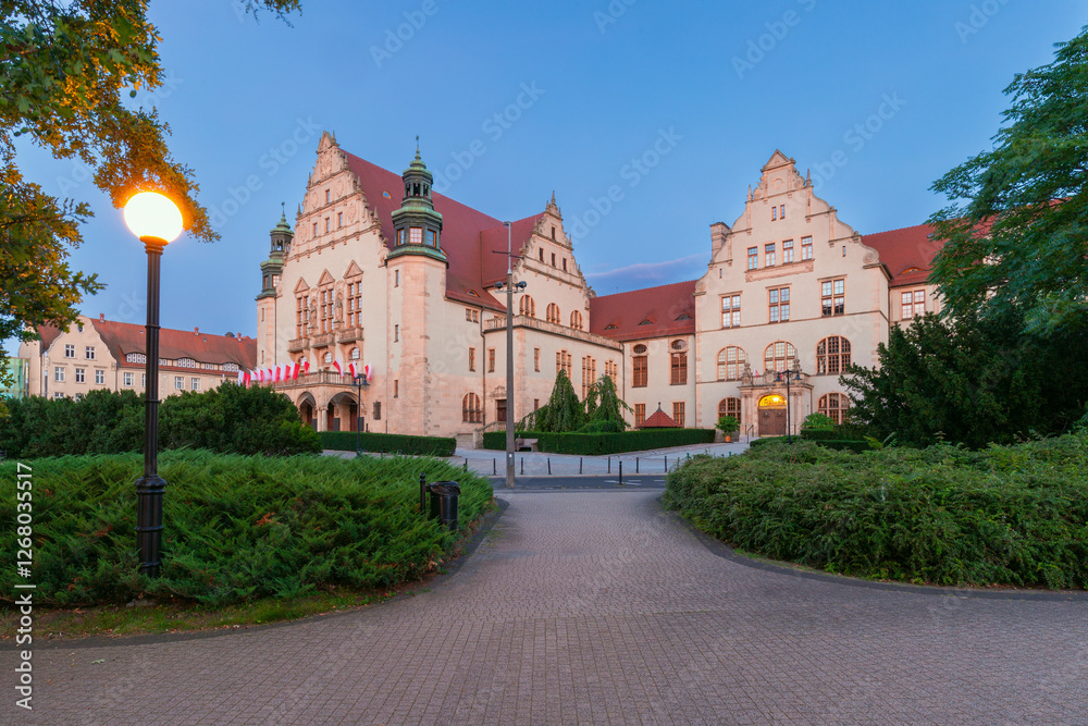 The old building of the Adam Mickiewicz University in Poznan during blue hour. The old building of the Adam Mickiewicz University in Poznan during blue hour.