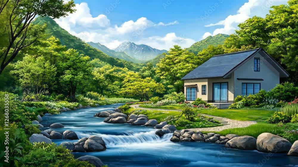 Serene landscape featuring a cozy house by a flowing river in a lush green valley beneath majestic mountains