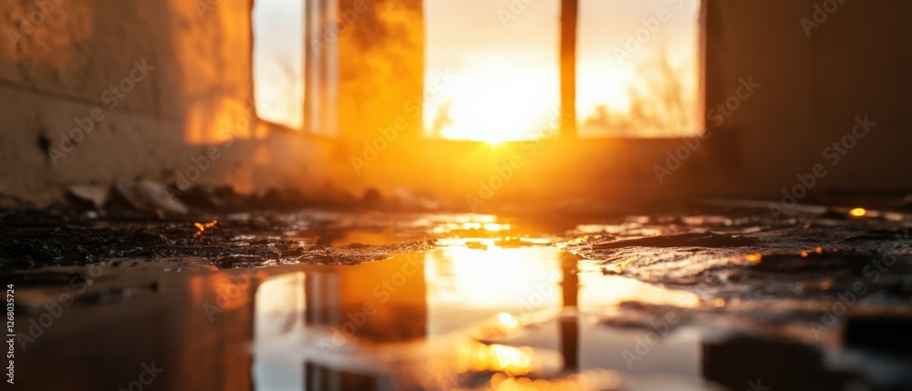 sunset light reflecting on a wet floor in an old building. sunset light reflecting on a wet floor in an old building.
