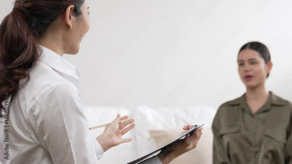 Happy patient and psychologist exchanging mental health conversation in clinic with positive emotion while explaining successful work and life to psychologist at psychologist vivancy clinic office Happy patient and psychologist exchanging mental health conversation in clinic with positive emotion while explaining successful work and life to psychologist at psychologist vivancy clinic office
