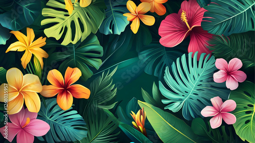 Aloha party tropical theme greeting card design featuring hand-lettered typography surrounded by lush Hawaiian flowers and leaves for a vibrant island celebration
