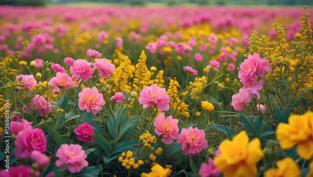 Vibrant Pink and Yellow Flower Field in Bloom with Lush Greenery and Sunshine Vibrant Pink and Yellow Flower Field in Bloom with Lush Greenery and Sunshine
