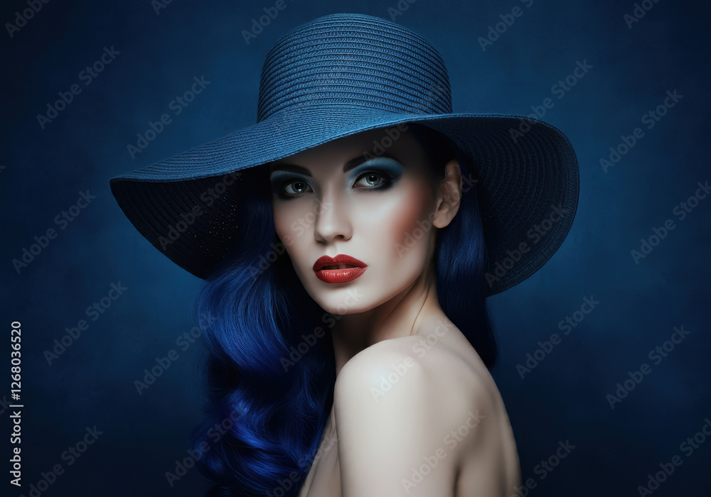 A striking portrait of a woman with deep blue hair wearing a wide brimmed blue hat A striking portrait of a woman with deep blue hair wearing a wide brimmed blue hat