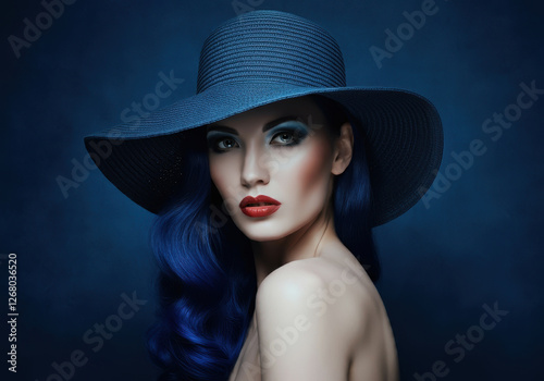 A striking portrait of a woman with deep blue hair wearing a wide brimmed blue hat