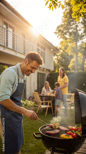 Happy man grilling vegetables and meat in backyard during family gathering