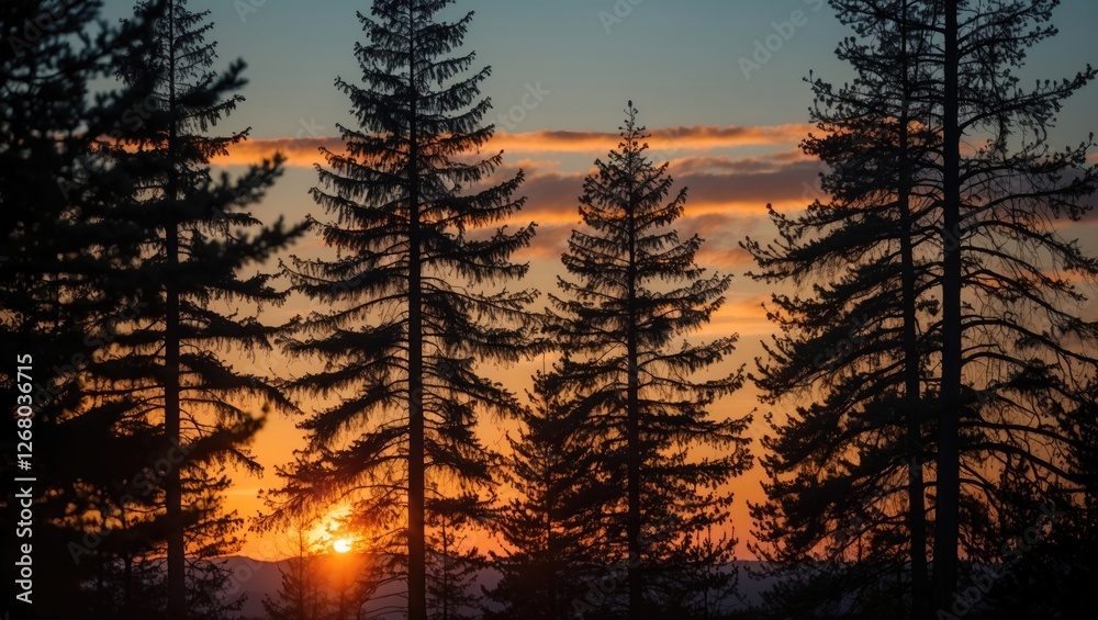 Fototapeta premium Majestic Pine Trees Silhouetted Against a Vibrant Sunset Sky with Warm Orange and Blue Tones Expressing Tranquility and Natural Beauty