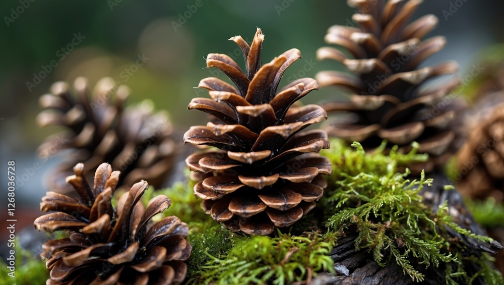 Macro photography of pine cones resting on vibrant green moss showcasing nature's intricate details and textures. Macro photography of pine cones resting on vibrant green moss showcasing nature's intricate details and textures.