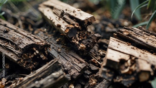 Wallpaper Mural Weathered wooden pieces infested by insects showcasing decay and natural decomposition in an outdoor environment. Torontodigital.ca