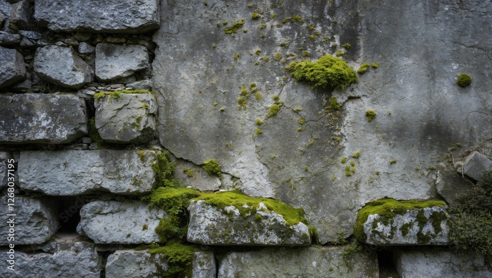 Old stone wall texture with moss highlighting weathered surfaces and natural elements in a rustic, atmospheric setting. Old stone wall texture with moss highlighting weathered surfaces and natural elements in a rustic, atmospheric setting.