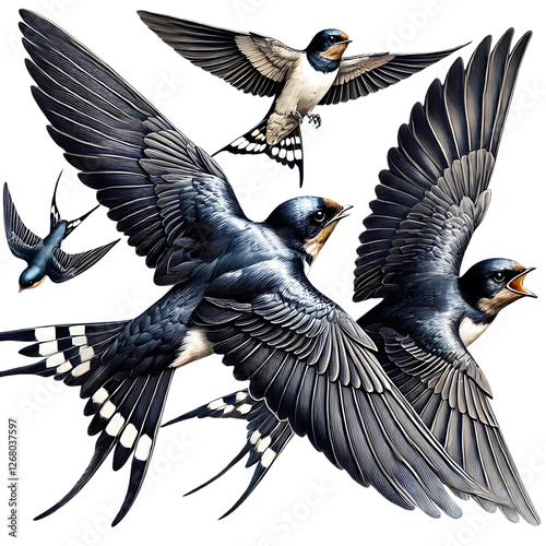 Elegant Swallow birds flying– Vintage Bird Illustration with Detailed Wings birds flying