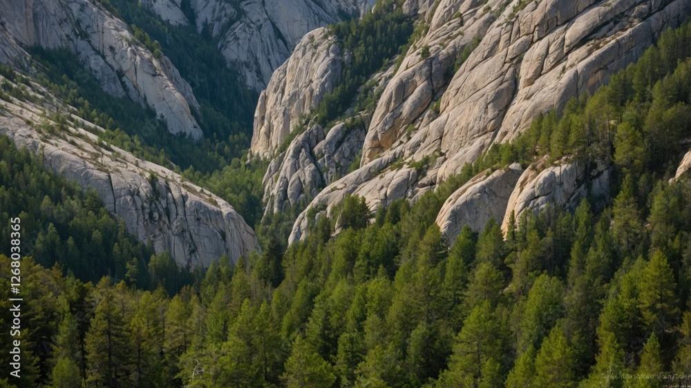 Breathtaking Mountain Landscape Featuring Pine Trees and Distinct Limestone Rock Formations Amidst Lush Greenery in Natural Setting Breathtaking Mountain Landscape Featuring Pine Trees and Distinct Limestone Rock Formations Amidst Lush Greenery in Natural Setting