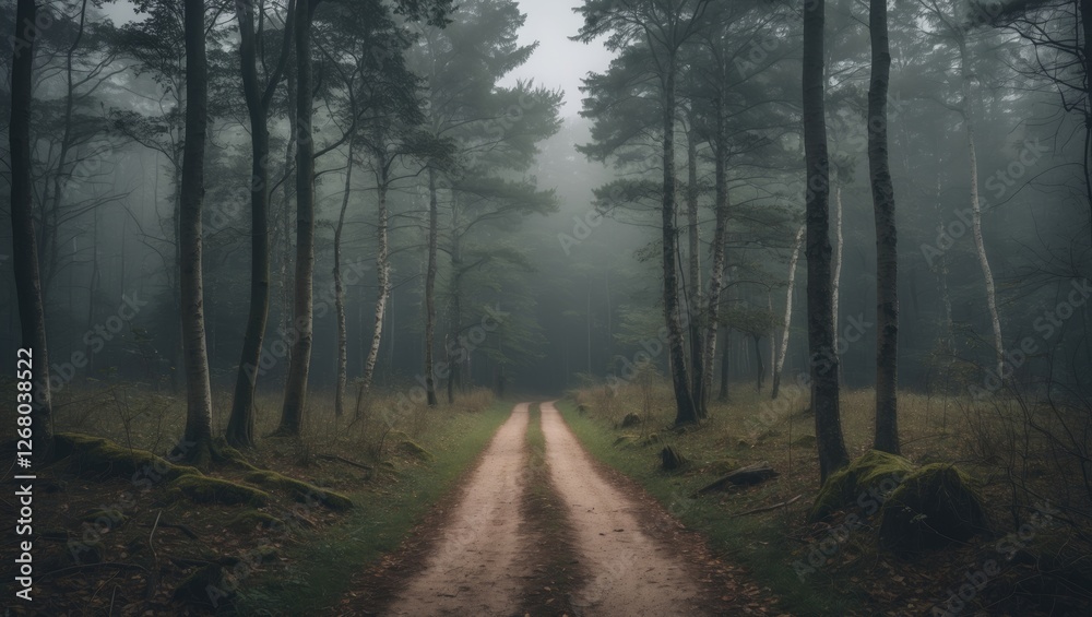 Obraz premium Misty Pathway Through Dense Beech Forest Creating Tranquil Atmosphere With Space For Text Overlay