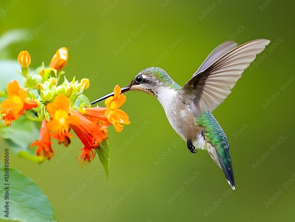 Naklejka premium A hummingbird drinking from a bright flower