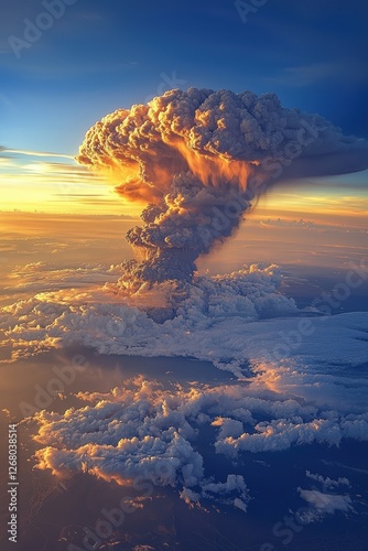 High Altitude Volcanic Eruption with Ash Plume at Sunset - Dramatic Nature Photography