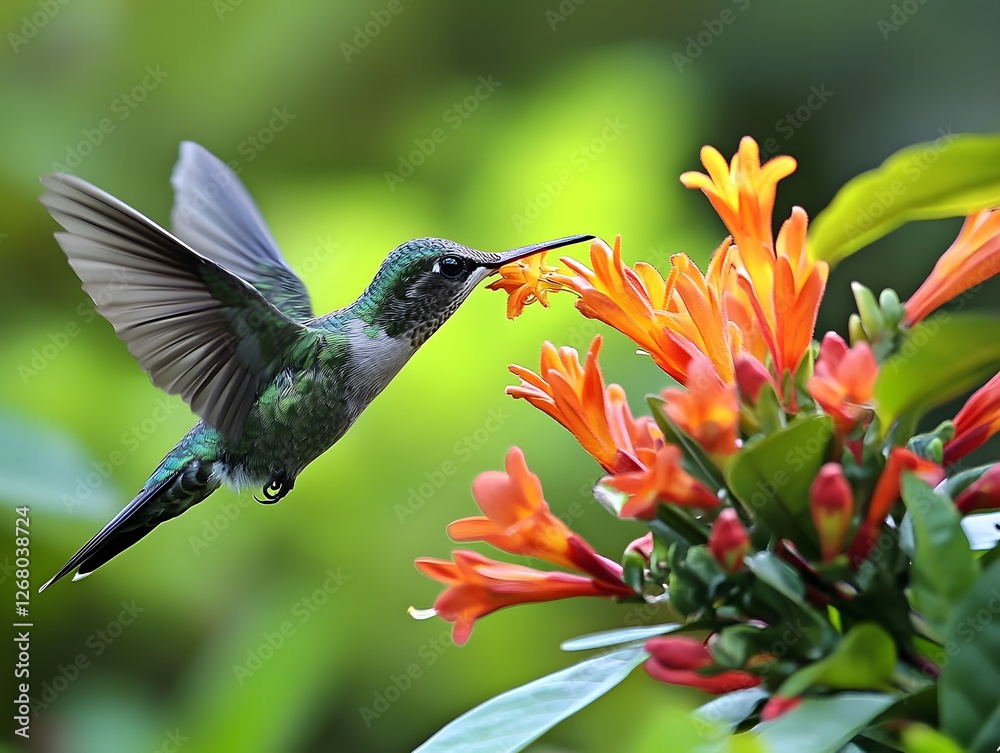 Fototapeta premium A hummingbird drinking from a bright flower