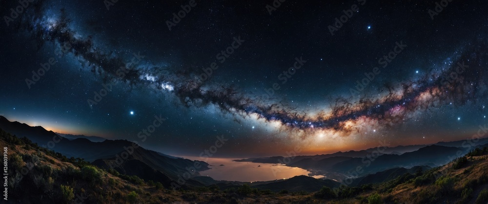Fototapeta premium Stunning Panorama of the Milky Way Galaxy Over a Serene Mountain Lake at Night with Stars and Twilight Colors