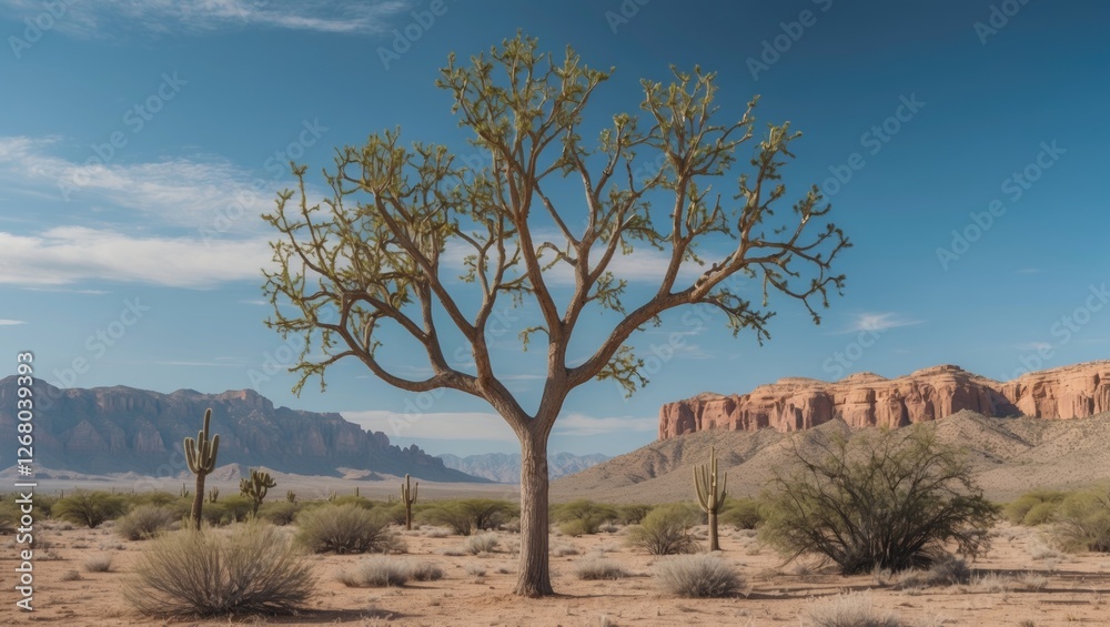 Fototapeta premium Palo Verde Tree in Desert Landscape Against Clear Blue Sky With Open Space for Text and Scenic Mountain Background