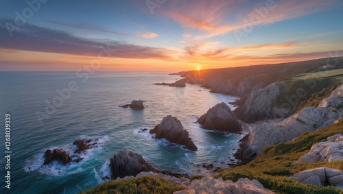 Breathtaking Sunset Over Rocky Coastline With Turquoise Waters And Dramatic Skies In A Scenic Panorama Landscape