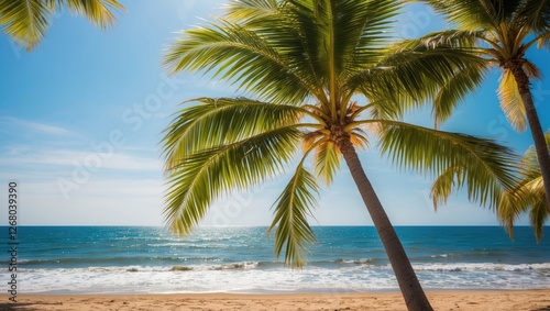 Tropical Paradise with Palms Framing the Serene Ocean Waves under a Bright Sunny Sky