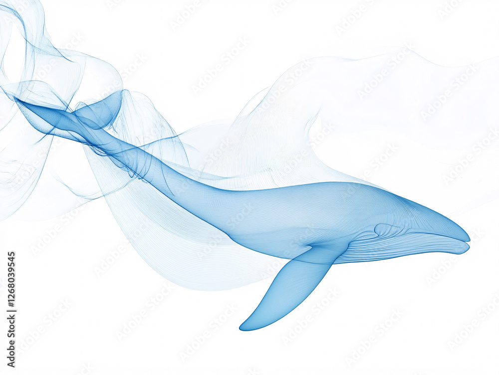 Obraz premium A dreamlike blue whale made of flowing smoke-like textures swimming in a minimal white space creating a surreal and graceful oceanic vision 