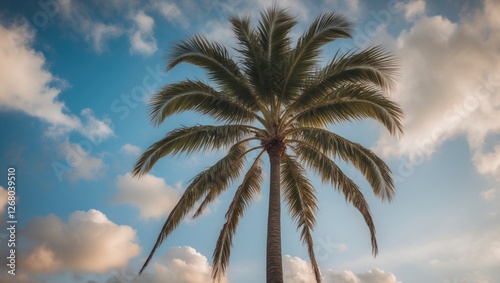 Wallpaper Mural Tall Palm Tree Against a Blue Sky with Fluffy White Clouds on a Sunny Day Capturing Tropical Serenity and Natural Beauty Torontodigital.ca