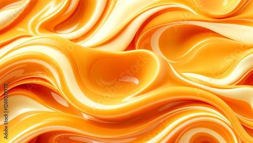 Abstract Orange and White Creamy Liquid Swirls Background, Glossy Fluid Waves and Curves, 3D Rendered Art for Modern Design and Creative Projects