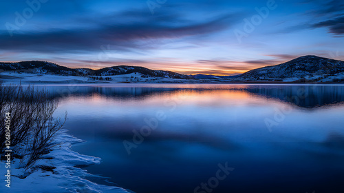winter dusk over calm Carter Lake in northern Colorado at foothills of Rocky Mountains