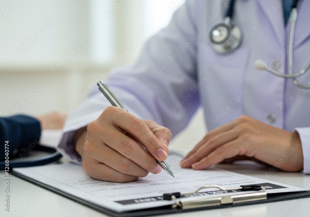 Fototapeta premium A close-up of a doctor hand holding a pen while writing on a clipboard with a stethoscope visible in the background