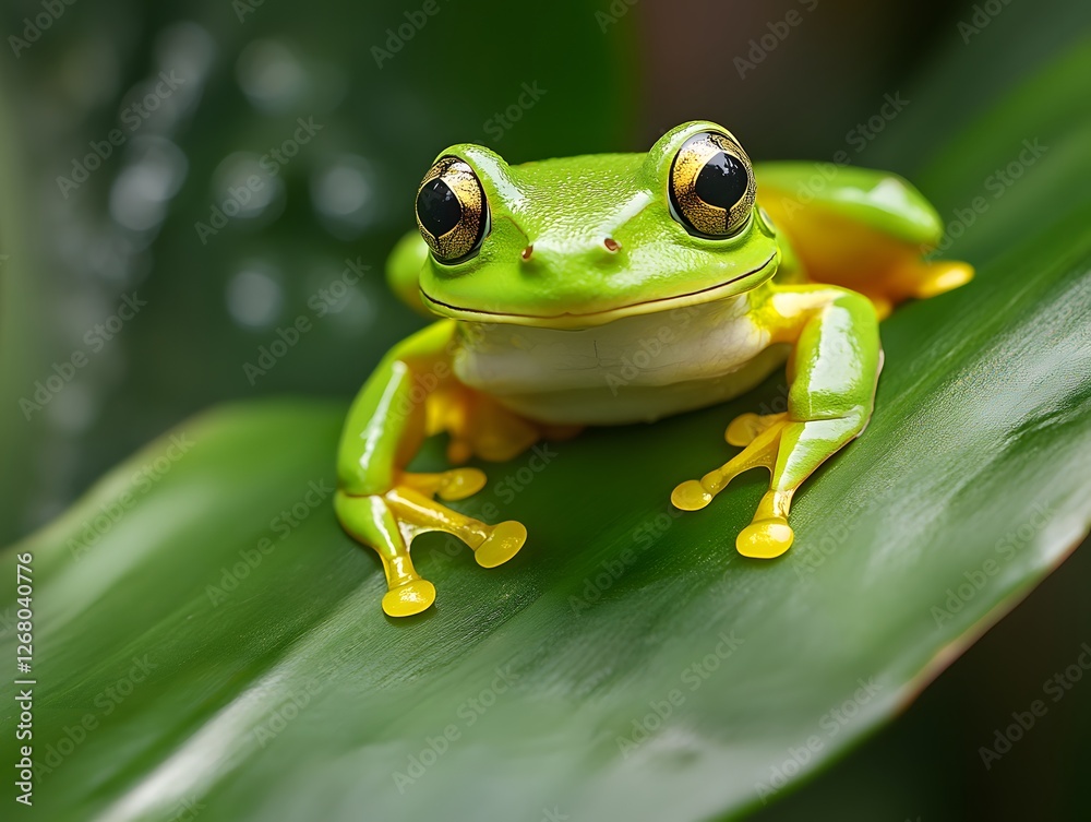 Fototapeta premium A live frog sitting on a large leaf in the rainforest
