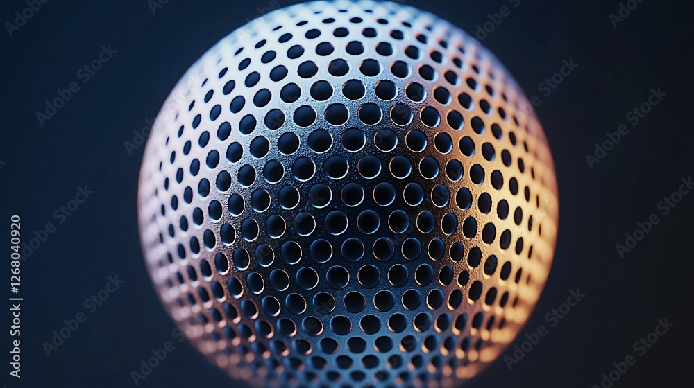 Perforated metal sphere, abstract background, technology design, industrial
