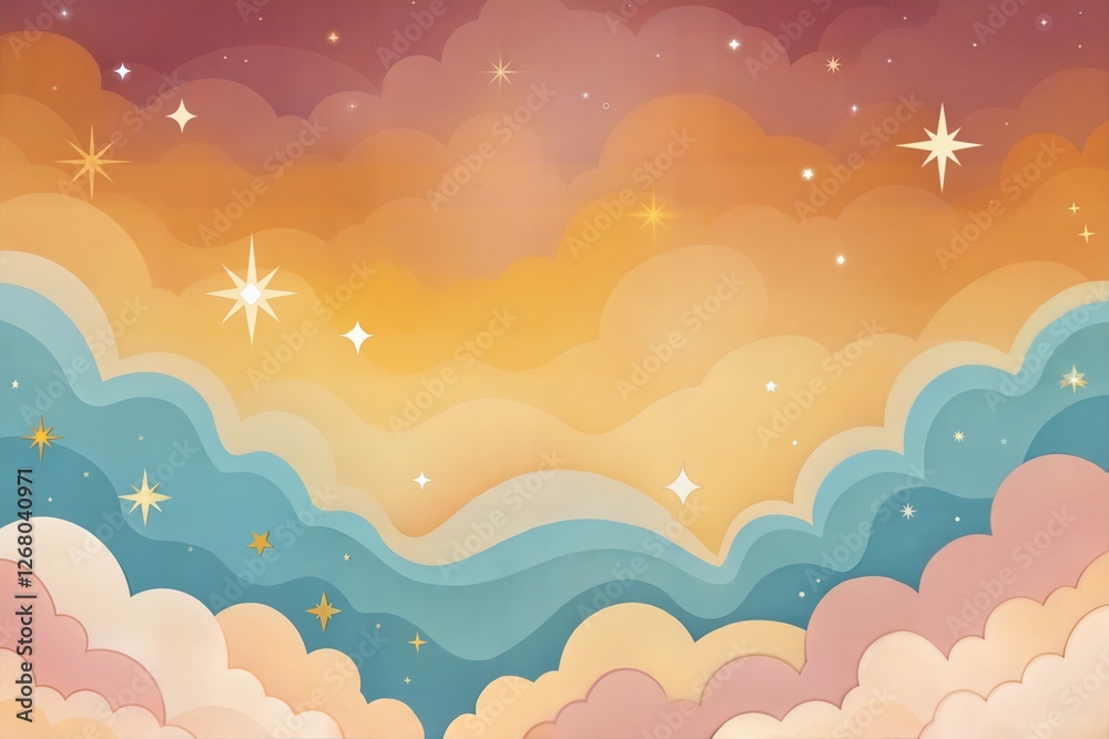 Colorful abstract sky with clouds and stars, whimsical and vibrant design, ideal for backgrounds, copy space
Colorful abstract sky with clouds and stars, whimsical and vibrant design, ideal for backgrounds, copy space