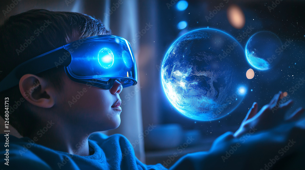 Child using AR glasses to visualize space planets, futuristic blue holographic glow, high-tech homeschooling, cutting-edge educational tools, documentary-style photography Child using AR glasses to visualize space planets, futuristic blue holographic glow, high-tech homeschooling, cutting-edge educational tools, documentary-style photography