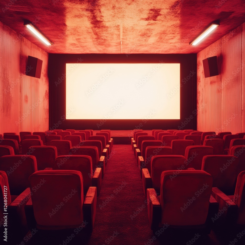 Obraz premium Empty cinema with red lighting casting a dramatic atmosphere before a screening. Generative AI