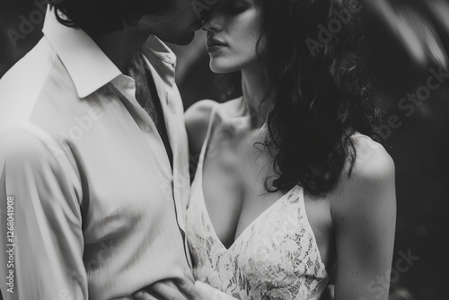  A beautiful moment of a bride and groom embracing and sharing a kiss on their wedding day, radiating love and joy photo