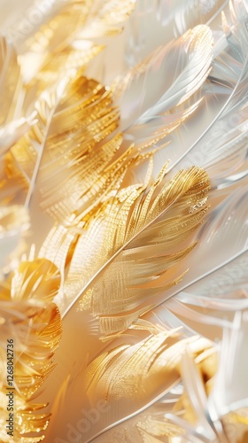 Golden and white feathers in exquisite close-up with warm light highlighting their delicate textures, set against a white background. Ideal for luxury branding, artistic compositions.