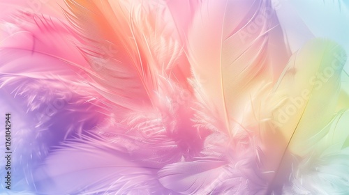Light and airy pastel backdrop with delicate floating feathers, creating a soft-focus dreamy ambiance in pink, blue, and green tones. Perfect for digital wallpapers, social media templates
