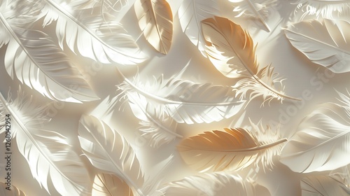 Luxurious white and gold feathers in a close-up with soft beige tones, showcasing intricate details and a golden age aesthetic. Perfect for elegant decor, premium branding, and artistic designs.