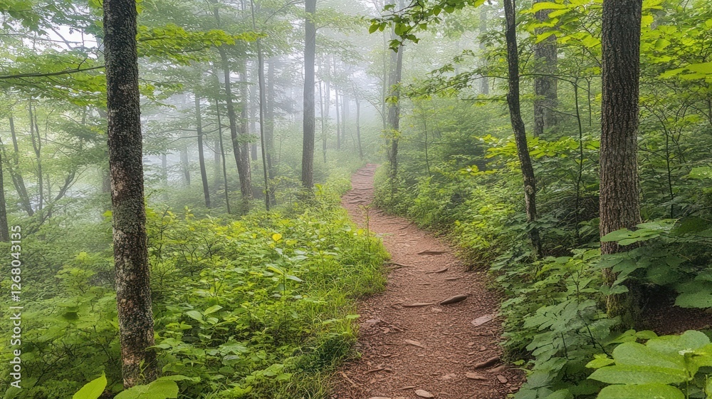 Fototapeta premium Misty Forest Trail Winding Through Lush Green Canopy